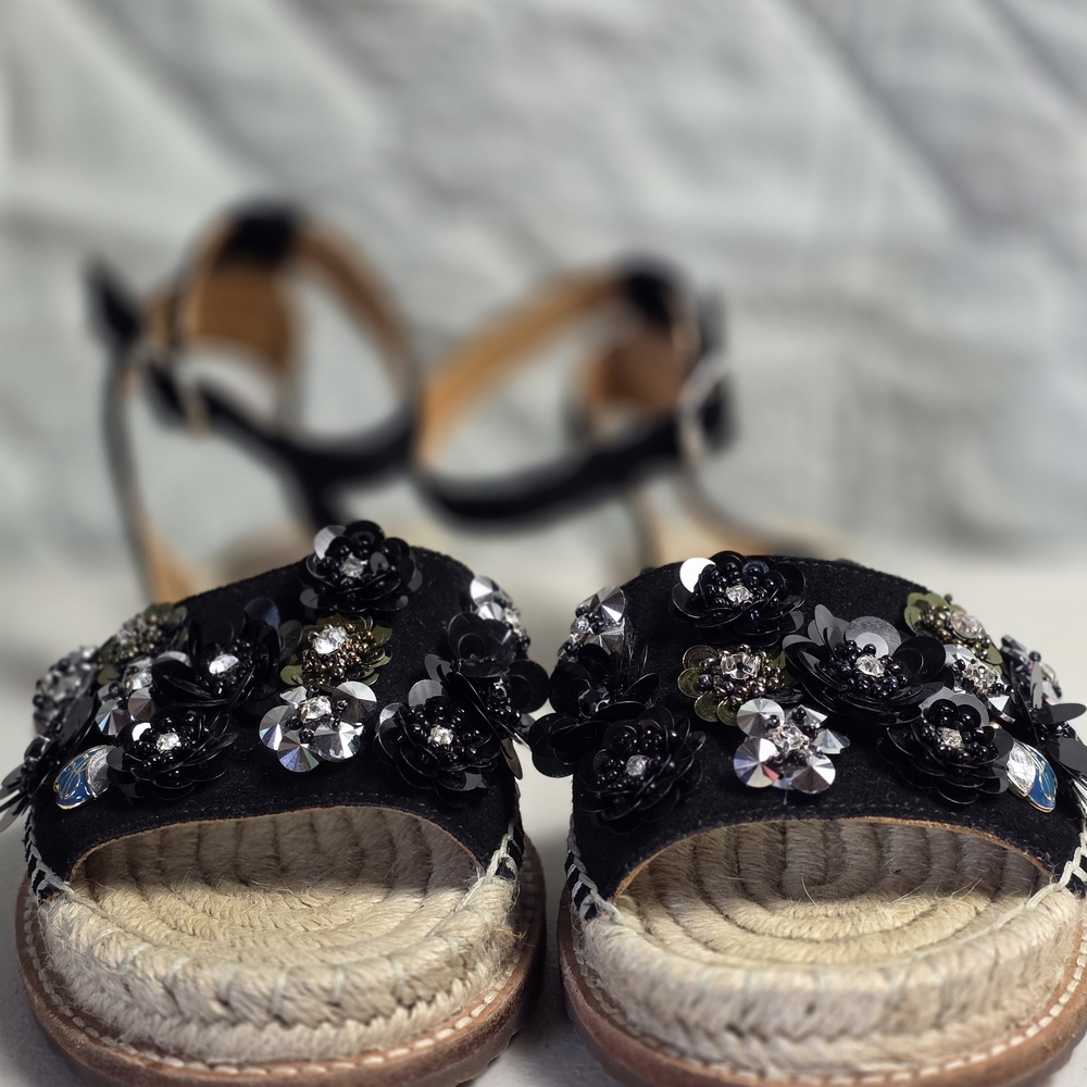 BILL BLASS BLACK ANTHROPOLOGIE SUEDE ESPADRILLES SANDALS SEQUIN SHOES Sz 6 - Picture 3 of 11